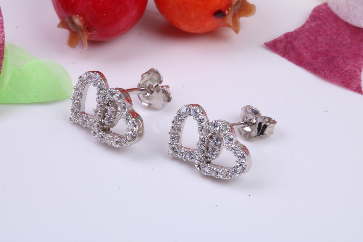 Love Hearts Cubic Zirconia set Stud Earrings, Very Dressy, Made from Solid 925 Grade Sterling Silver