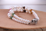 Multi Colour Double Row Freshwater Pearl Bracelet with Rose Flower Closure, made from Sterling Silver