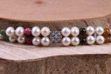 Multi Colour Double Row Freshwater Pearl Bracelet with Rose Flower Closure, made from Sterling Silver