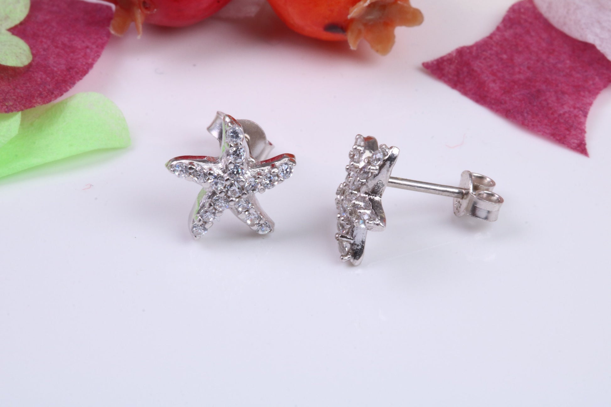 Star Fish Cubic Zirconia set Stud Earrings, Very Dressy, Made from Solid 925 Grade Sterling Silver