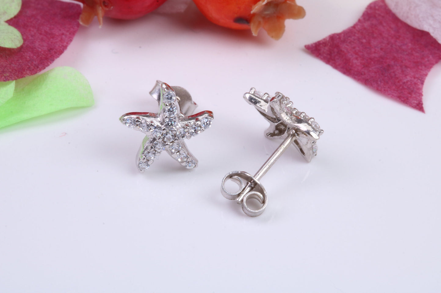 Star Fish Cubic Zirconia set Stud Earrings, Very Dressy, Made from Solid 925 Grade Sterling Silver