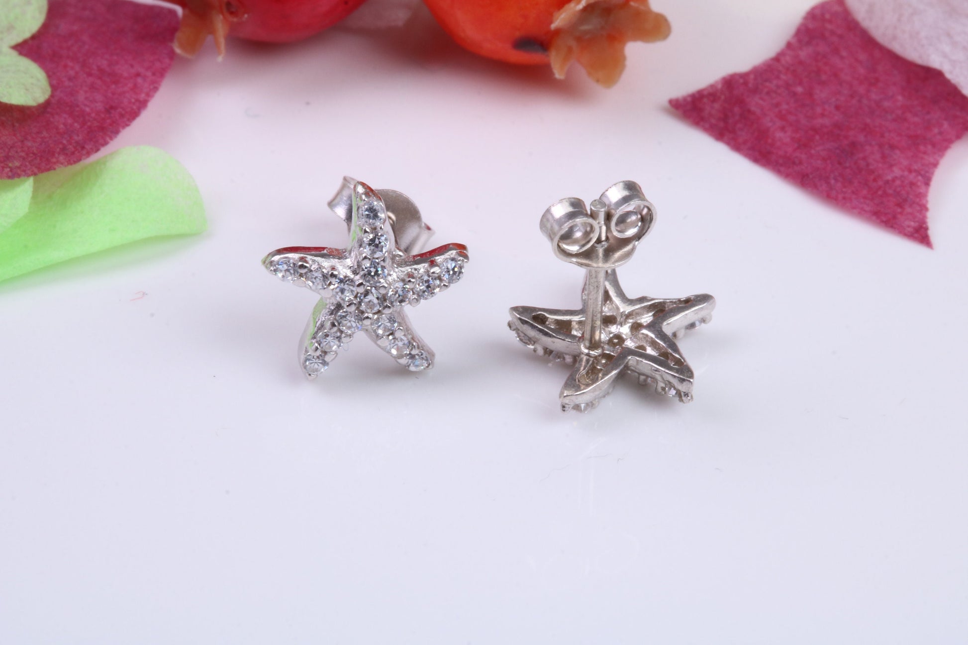 Star Fish Cubic Zirconia set Stud Earrings, Very Dressy, Made from Solid 925 Grade Sterling Silver