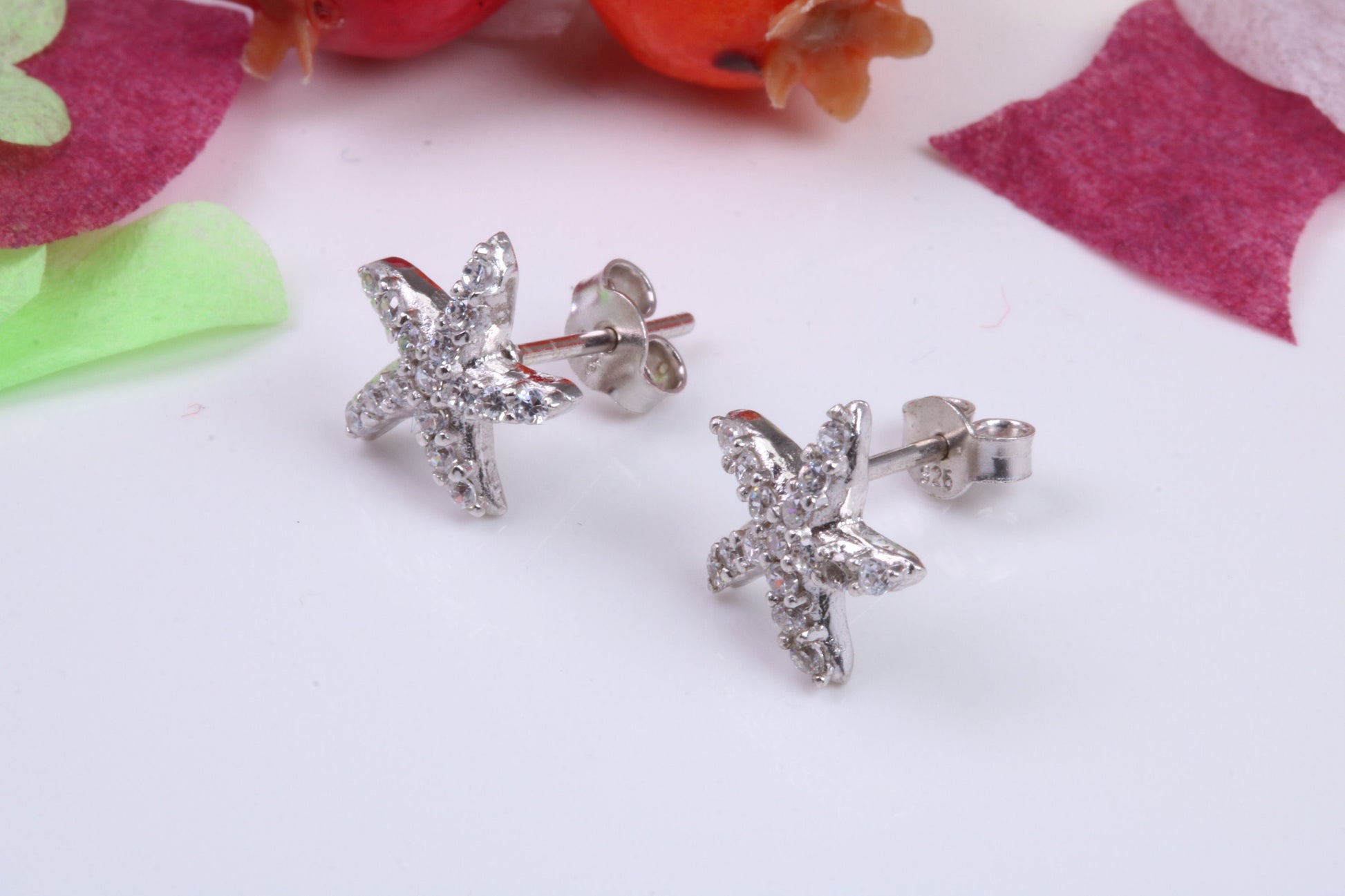 Star Fish Cubic Zirconia set Stud Earrings, Very Dressy, Made from Solid 925 Grade Sterling Silver