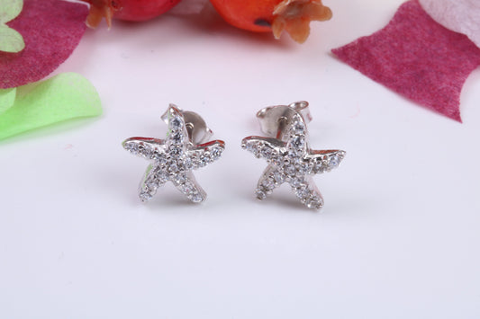 Star Fish Cubic Zirconia set Stud Earrings, Very Dressy, Made from Solid 925 Grade Sterling Silver