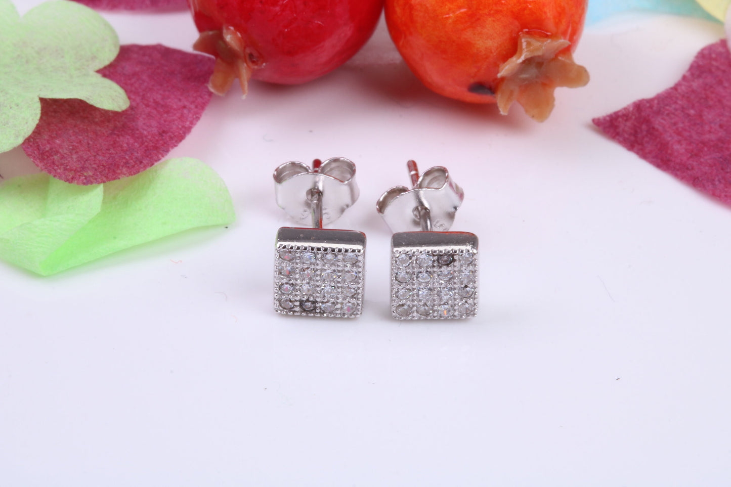 6 mm Square Stud Cubic Zirconia set Earrings, Very Dressy, Made from Solid 925 Grade Sterling Silver