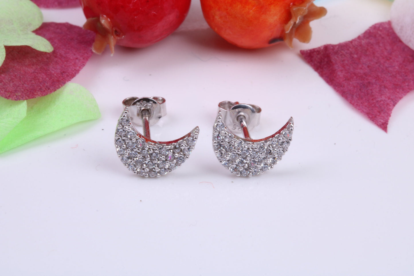 Half Moon Cubic Zirconia set Stud Earrings, Very Dressy, Made from Solid 925 Grade Sterling Silver