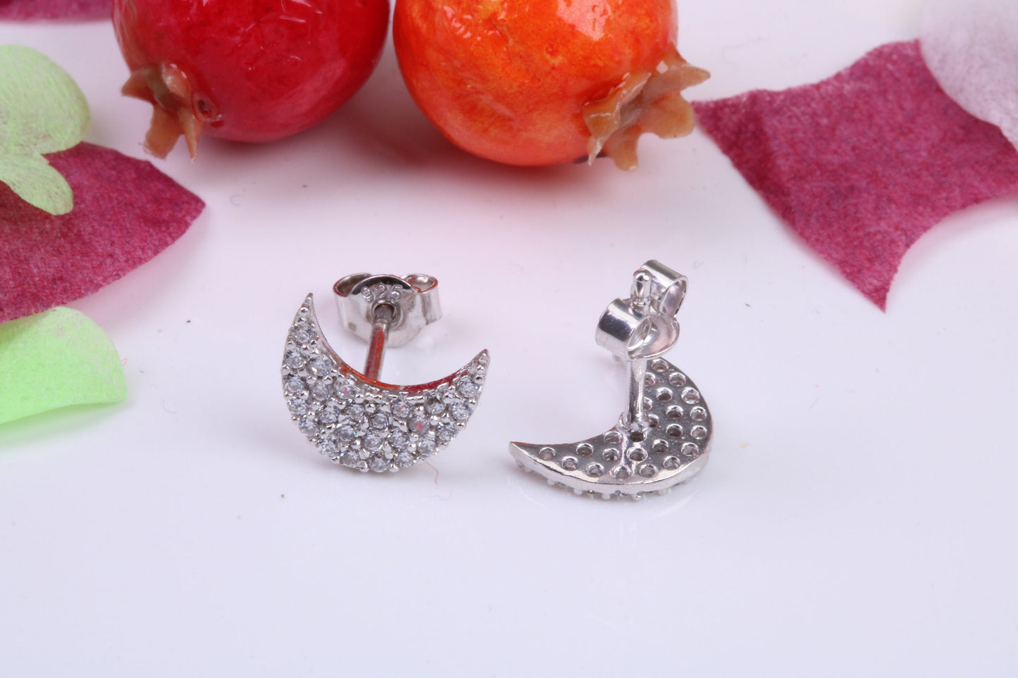 Half Moon Cubic Zirconia set Stud Earrings, Very Dressy, Made from Solid 925 Grade Sterling Silver