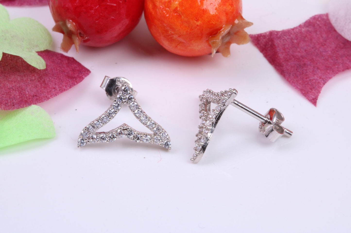 Whale Fin Cubic Zirconia set Stud Earrings, Very Dressy, Made from Solid 925 Grade Sterling Silver