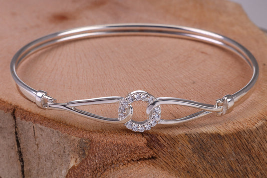 Oval C Z Set Hinged Solid Silver Bangle