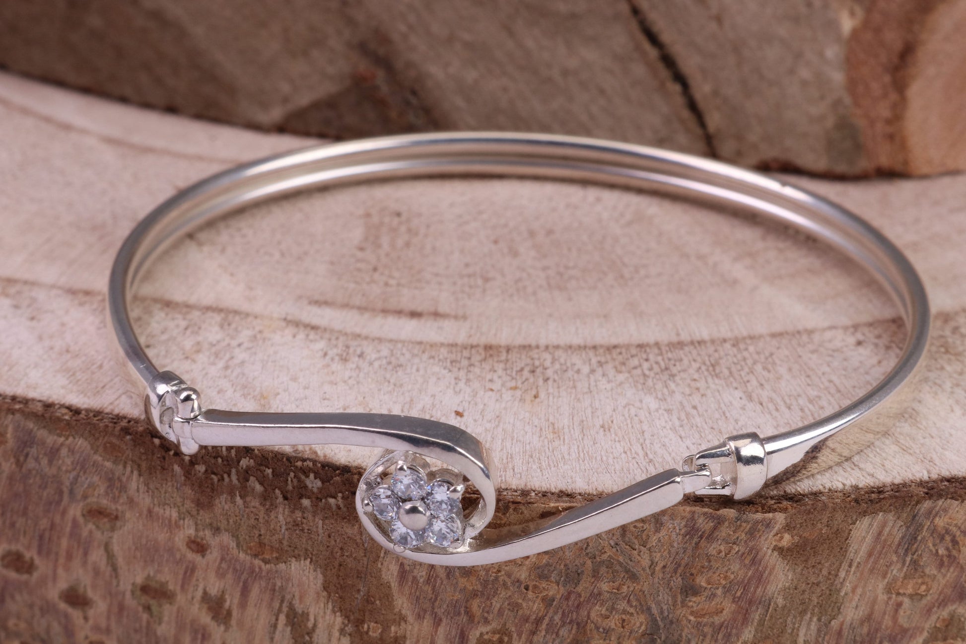 Oval C Z Set Hinged Solid Silver Bangle