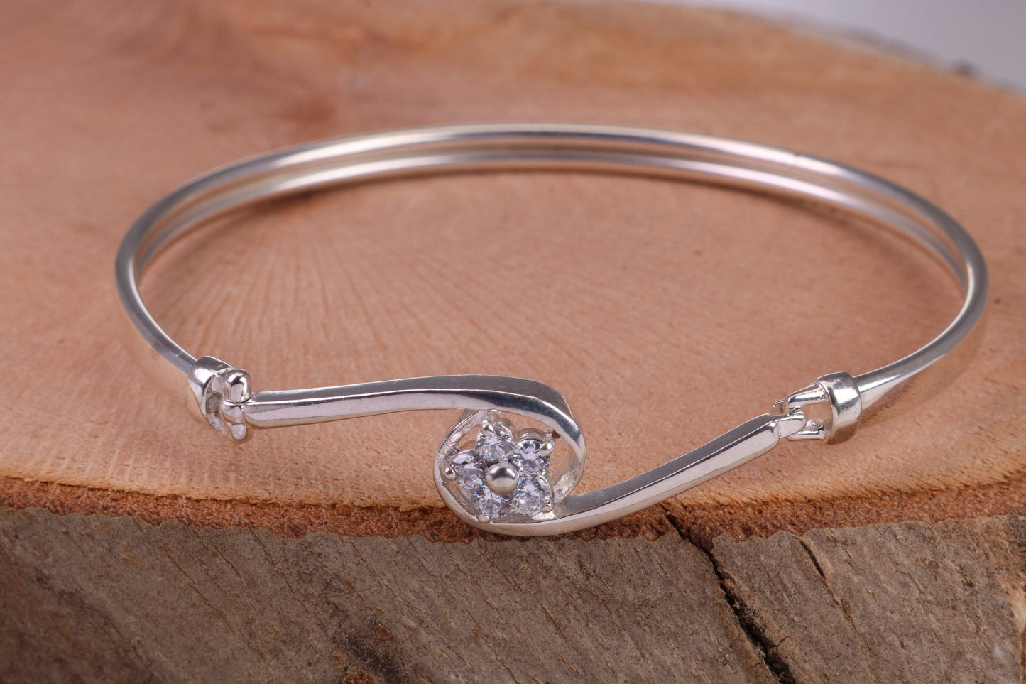 Oval C Z Set Hinged Solid Silver Bangle