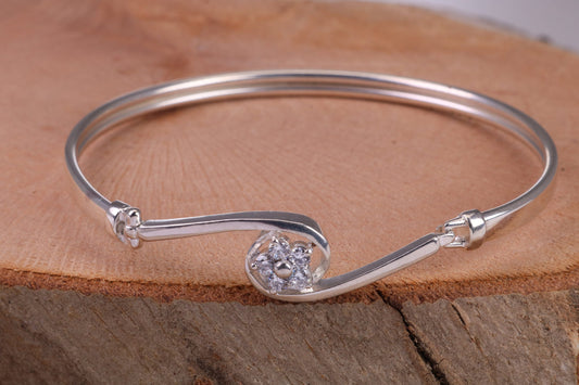 Oval C Z Set Hinged Solid Silver Bangle