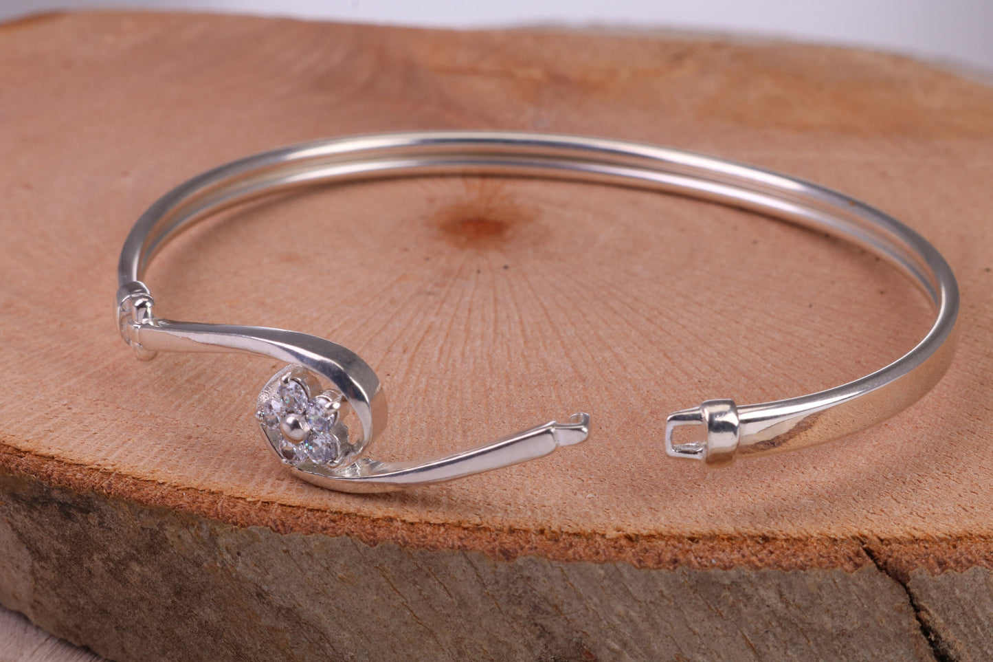 Oval C Z Set Hinged Solid Silver Bangle