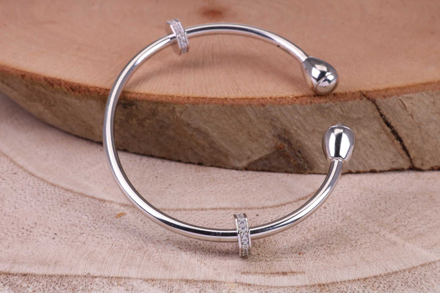 Oval C Z Set Open Ended Solid Silver Bangle