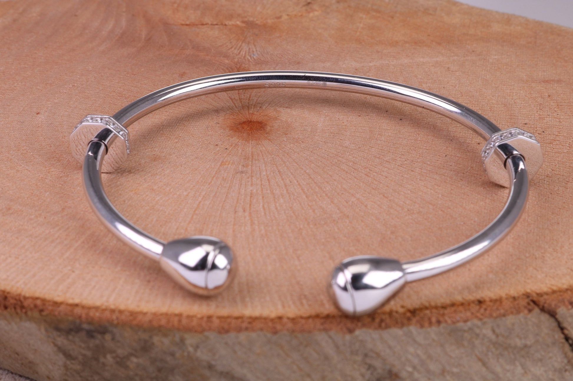 Oval C Z Set Open Ended Solid Silver Bangle