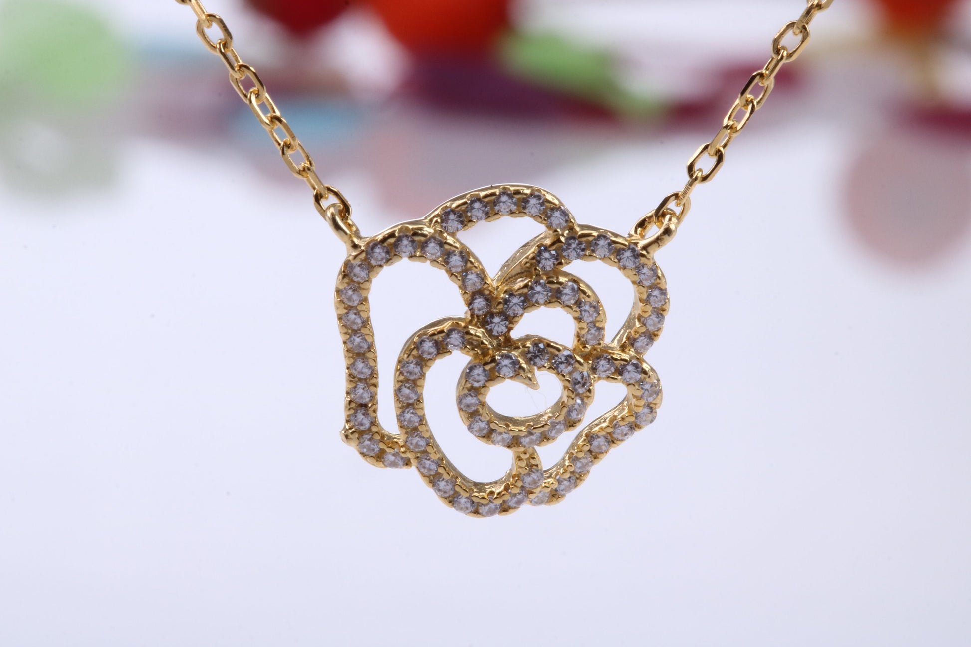 Flower Cubic Zirconia set Necklace, made from solid Sterling Silver, Length Adjustable Chain, 18ct Yellow Gold Plated