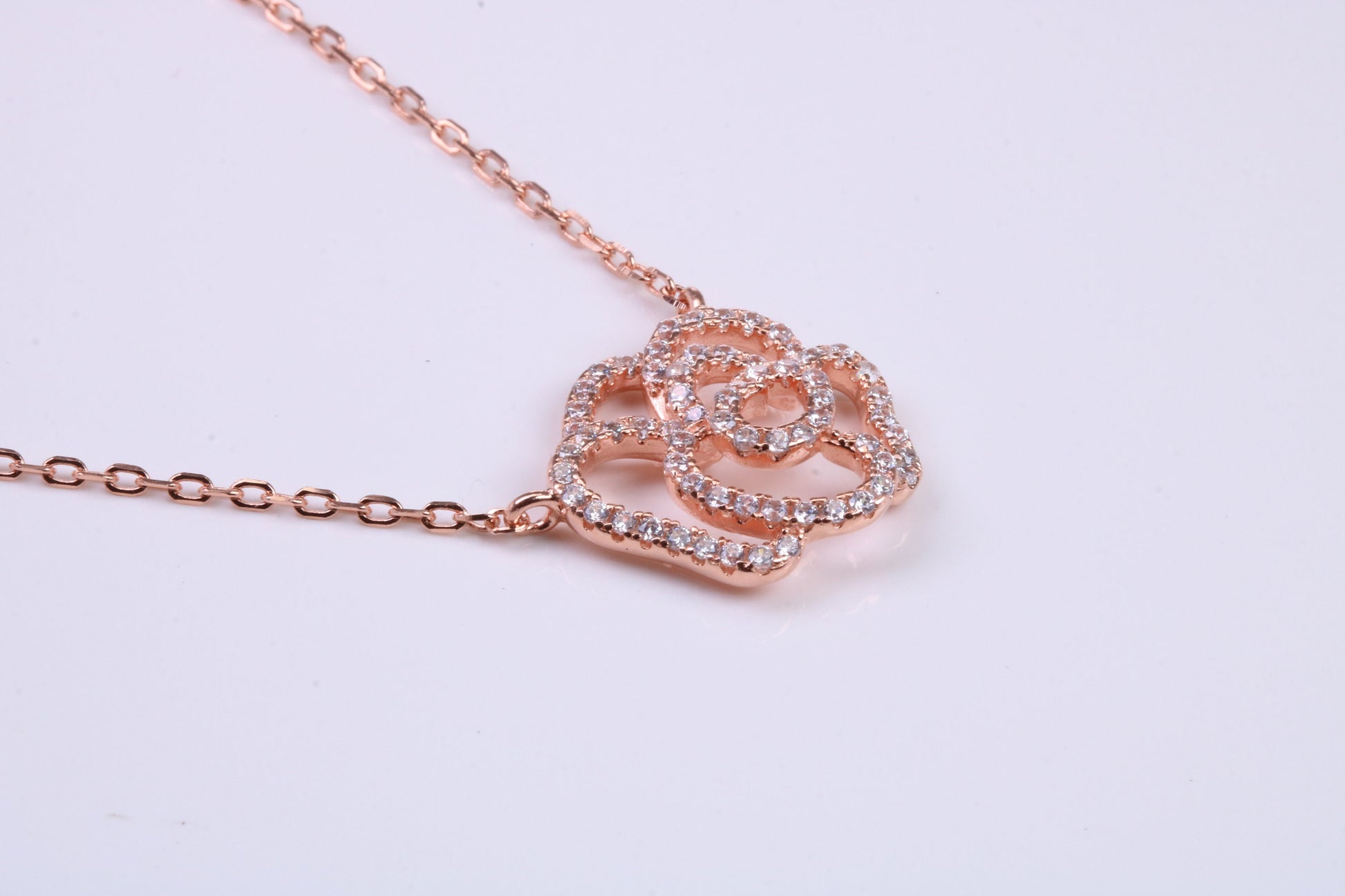 Flower Cubic Zirconia set Necklace, made from solid Sterling Silver, Length Adjustable Chain, 18ct Rose Gold Plated