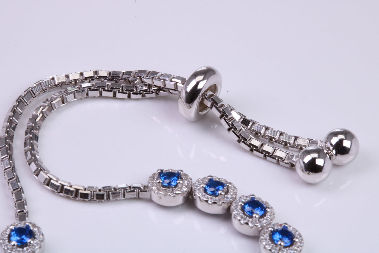 Blue Sapphire Cubic Zirconia set Bracelet, made from solid Sterling Silver, Length Adjustable