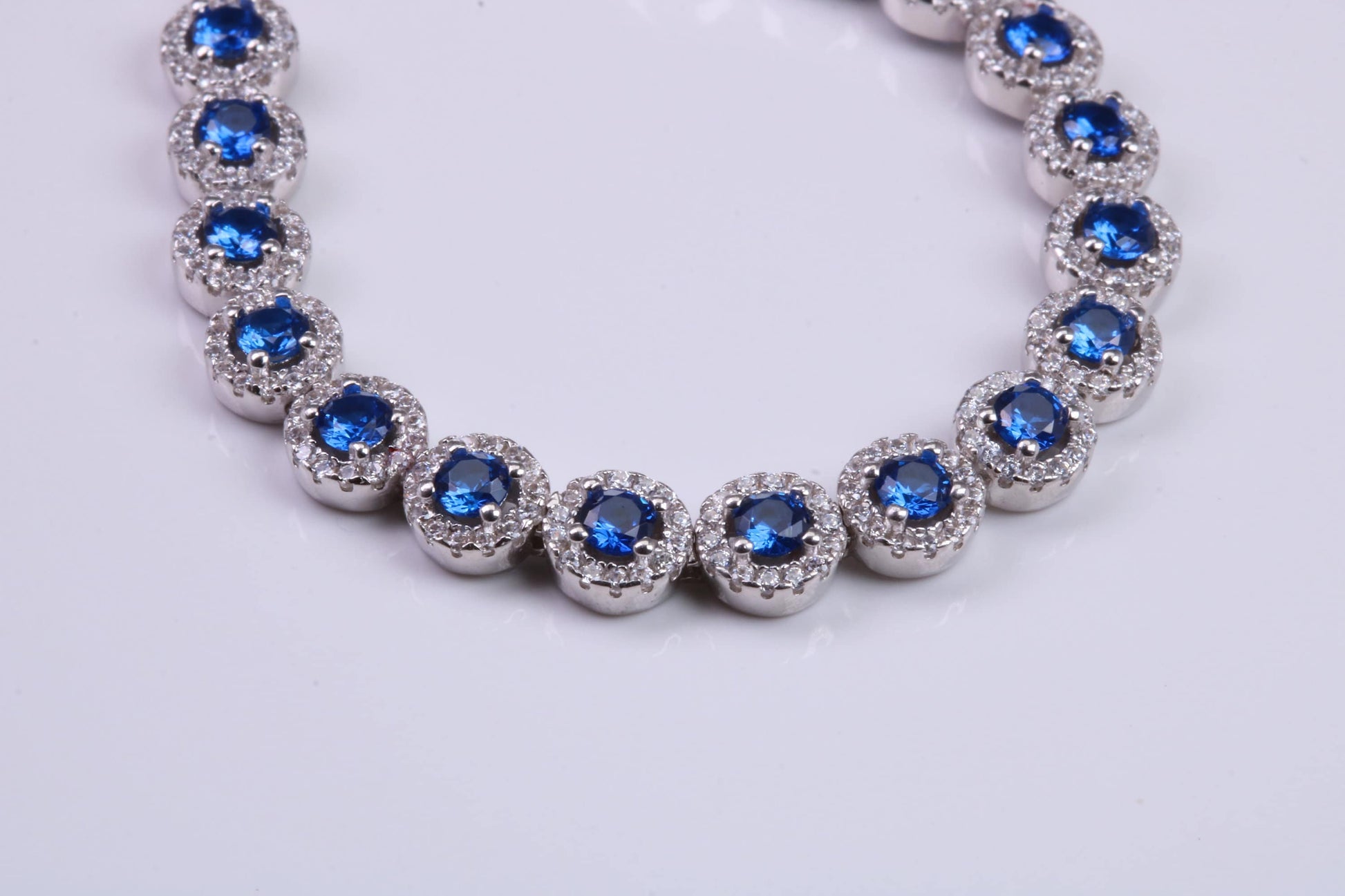 Blue Sapphire Cubic Zirconia set Bracelet, made from solid Sterling Silver, Length Adjustable