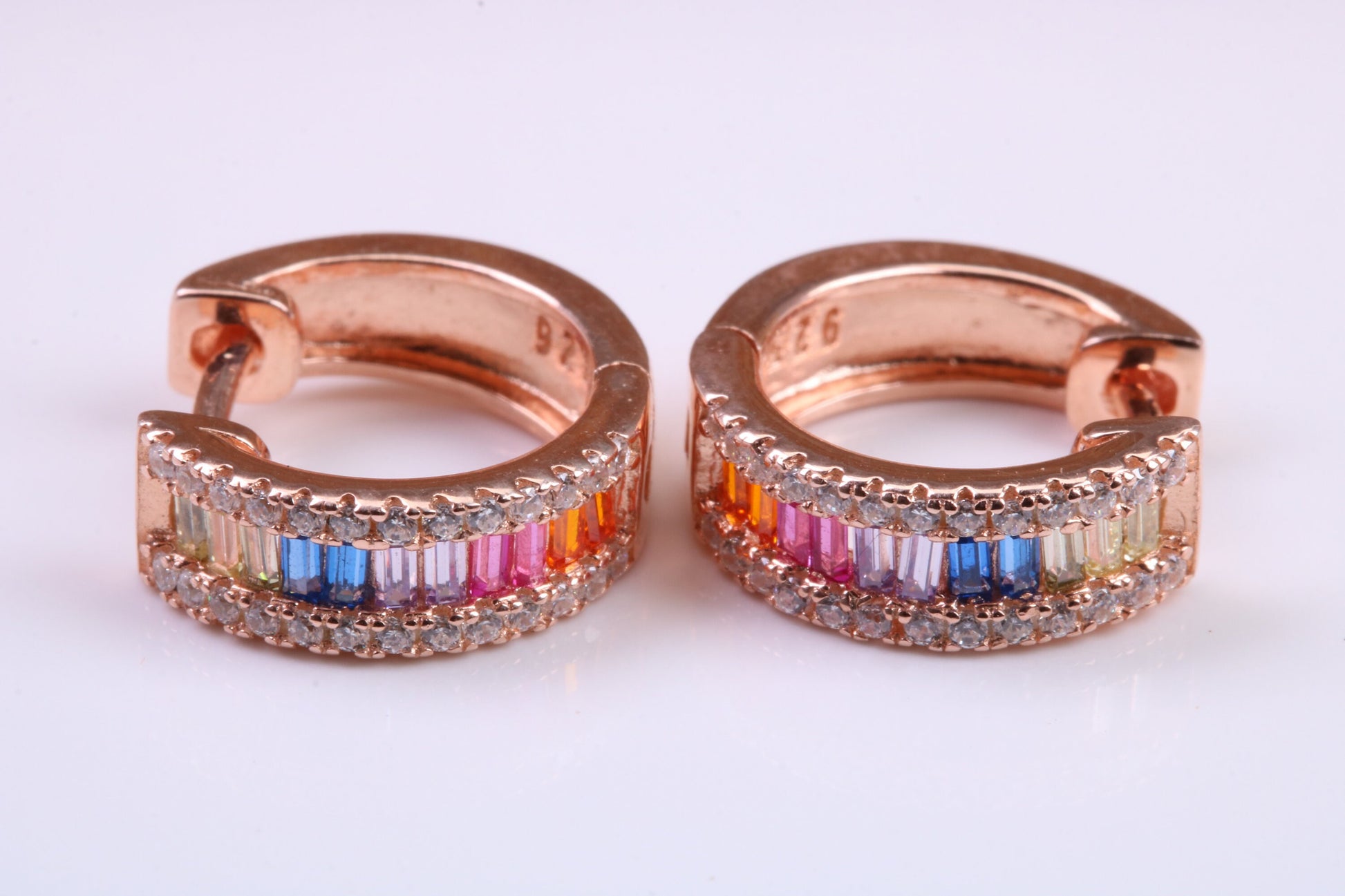 Half Hoop Rainbow Colour Cubic Zirconia set Earrings, Very Dressy, Made from Solid 925 Grade Sterling Silver, Rose Gold Plated