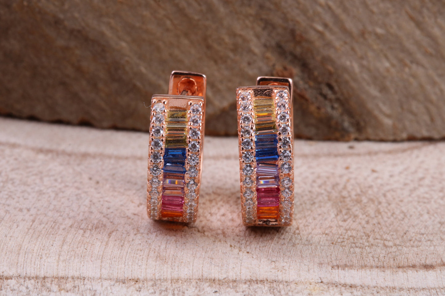 Half Hoop Rainbow Colour Cubic Zirconia set Earrings, Very Dressy, Made from Solid 925 Grade Sterling Silver, Rose Gold Plated