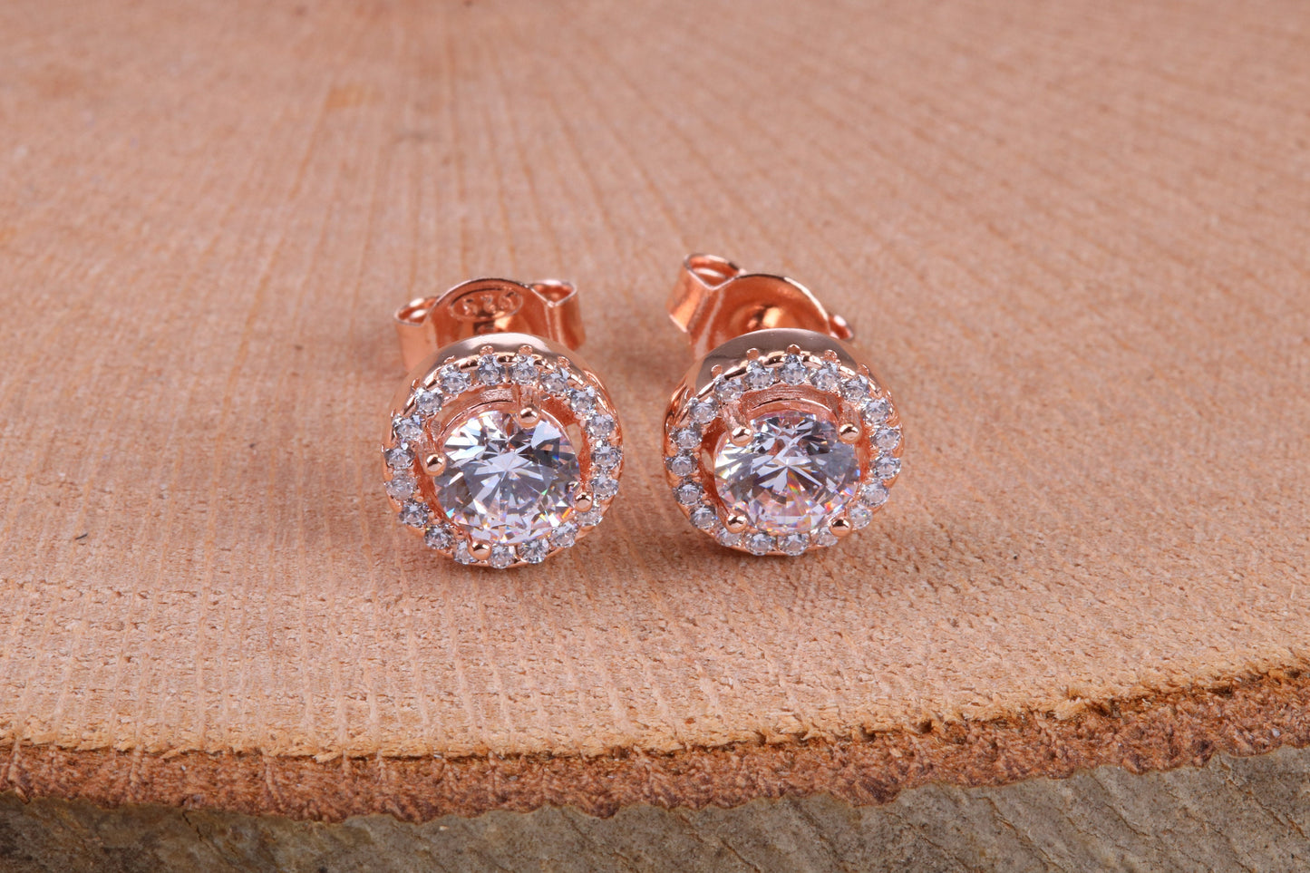 8 mm Round Cluster Cubic Zirconia set Earrings, Very Dressy, Made from Solid 925 Grade Sterling Silver, Rose Gold Plated