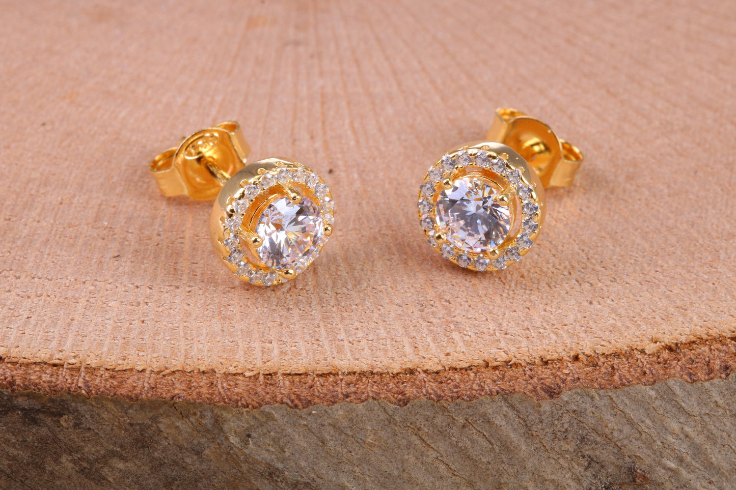 8 mm Round Cluster Cubic Zirconia set Earrings, Very Dressy, Made from Solid 925 Grade Sterling Silver, Yellow Gold Plated