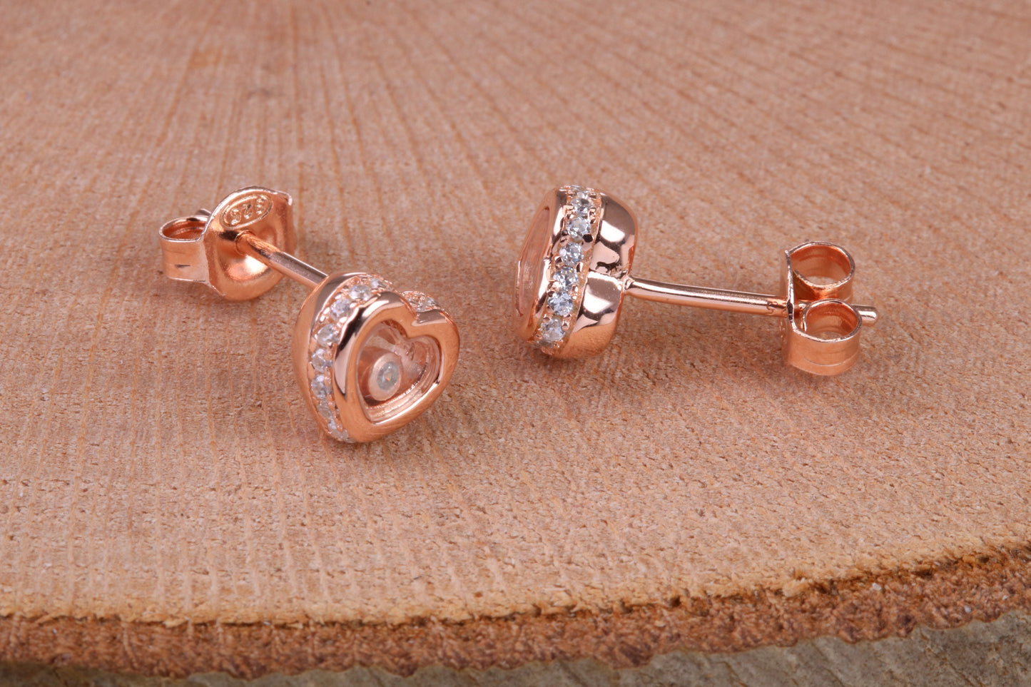 Love Heart Shaped Cubic Zirconia set Earrings, Very Dressy, Made from Solid 925 Grade Sterling Silver, Rose Gold Plated