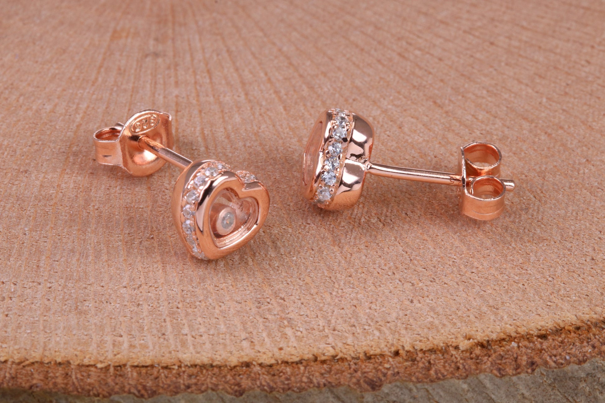 Love Heart Shaped Cubic Zirconia set Earrings, Very Dressy, Made from Solid 925 Grade Sterling Silver, Rose Gold Plated