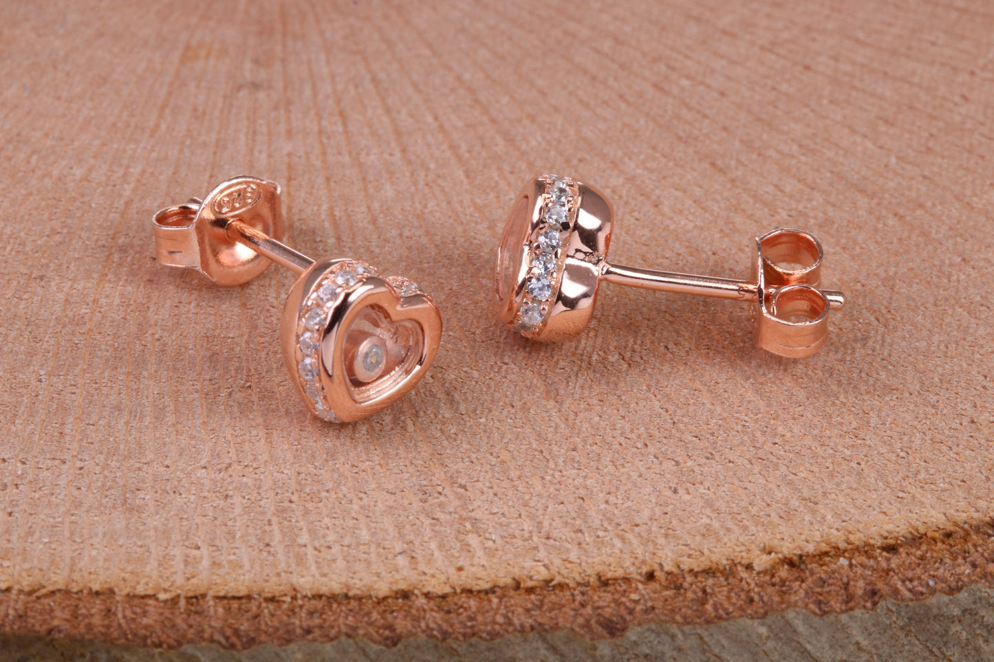 Love Heart Shaped Cubic Zirconia set Earrings, Very Dressy, Made from Solid 925 Grade Sterling Silver, Rose Gold Plated