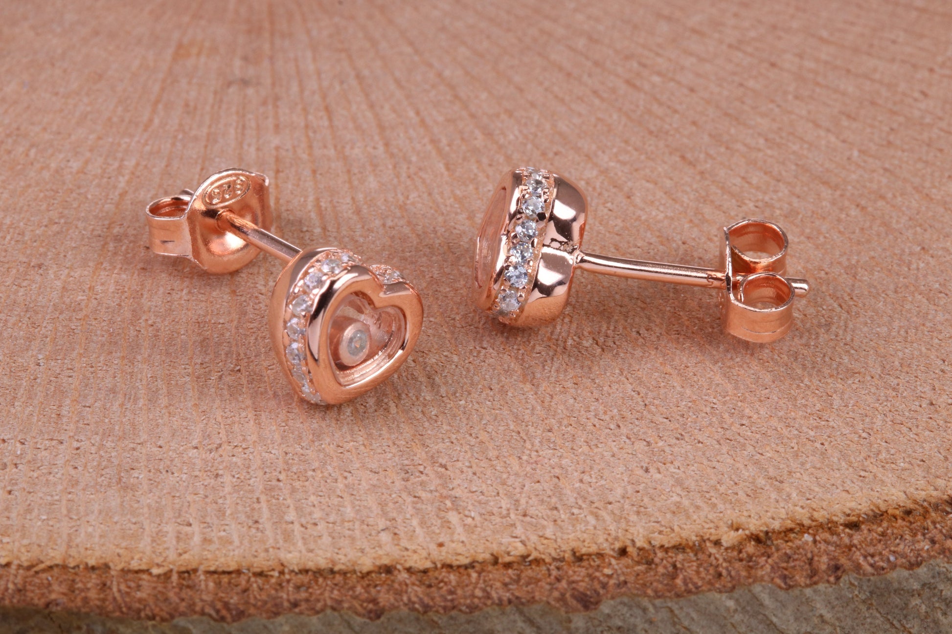 Love Heart Shaped Cubic Zirconia set Earrings, Very Dressy, Made from Solid 925 Grade Sterling Silver, Rose Gold Plated
