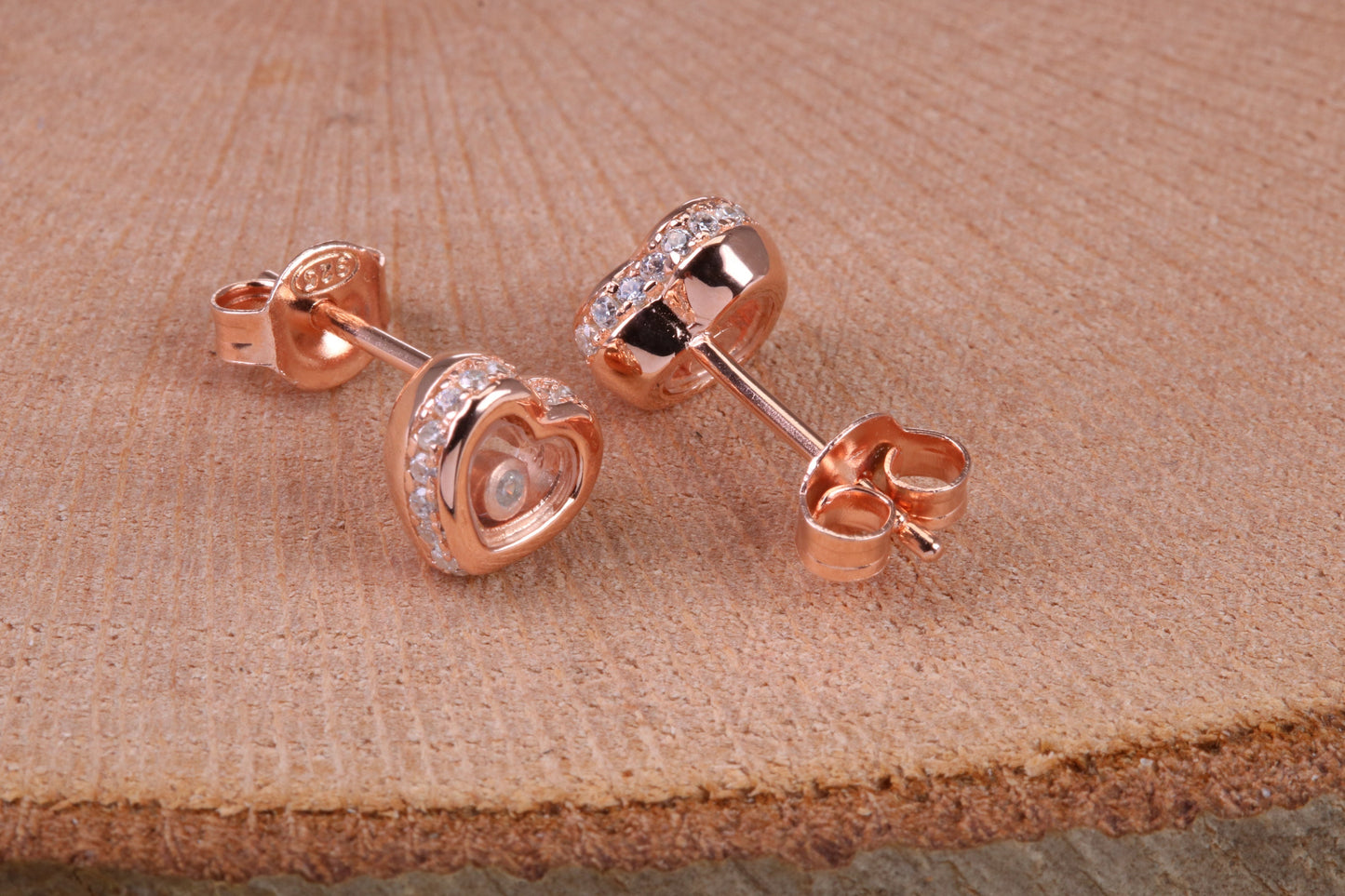 Love Heart Shaped Cubic Zirconia set Earrings, Very Dressy, Made from Solid 925 Grade Sterling Silver, Rose Gold Plated