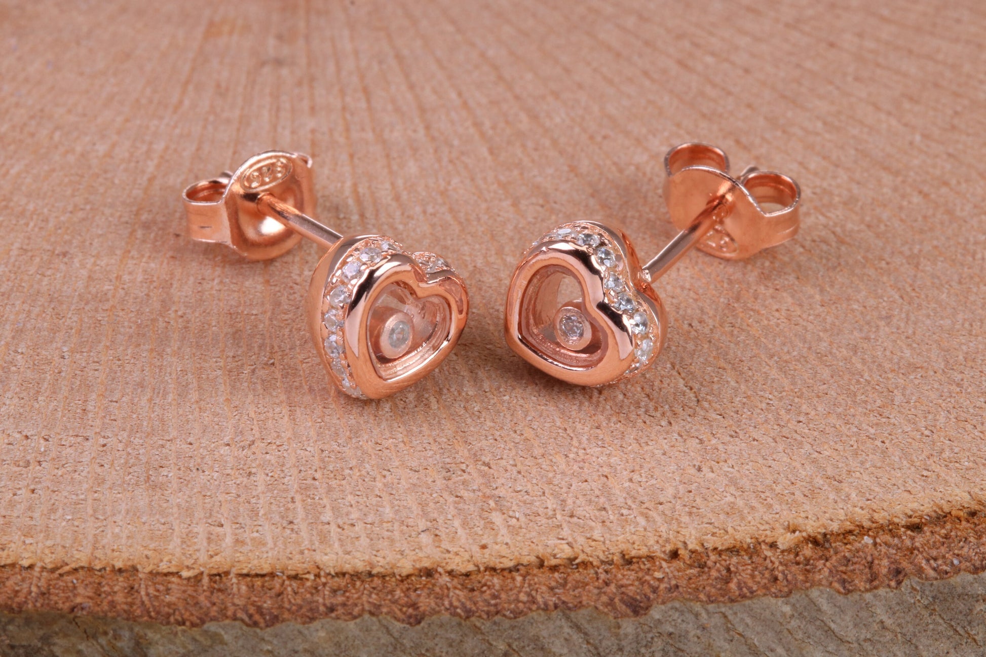 Love Heart Shaped Cubic Zirconia set Earrings, Very Dressy, Made from Solid 925 Grade Sterling Silver, Rose Gold Plated