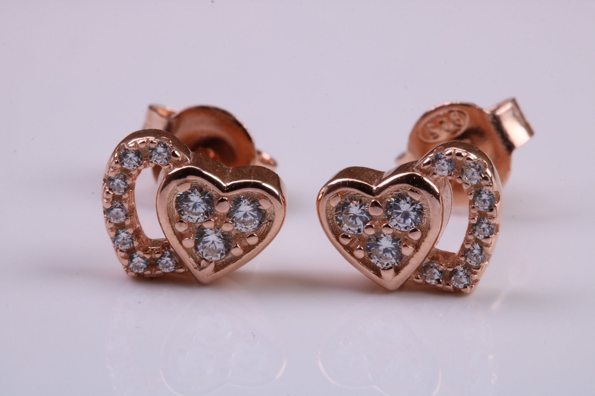 Double Love Heart Shaped Cubic Zirconia set Earrings, Very Dressy, Made from Solid 925 Grade Sterling Silver, Rose Gold Plated