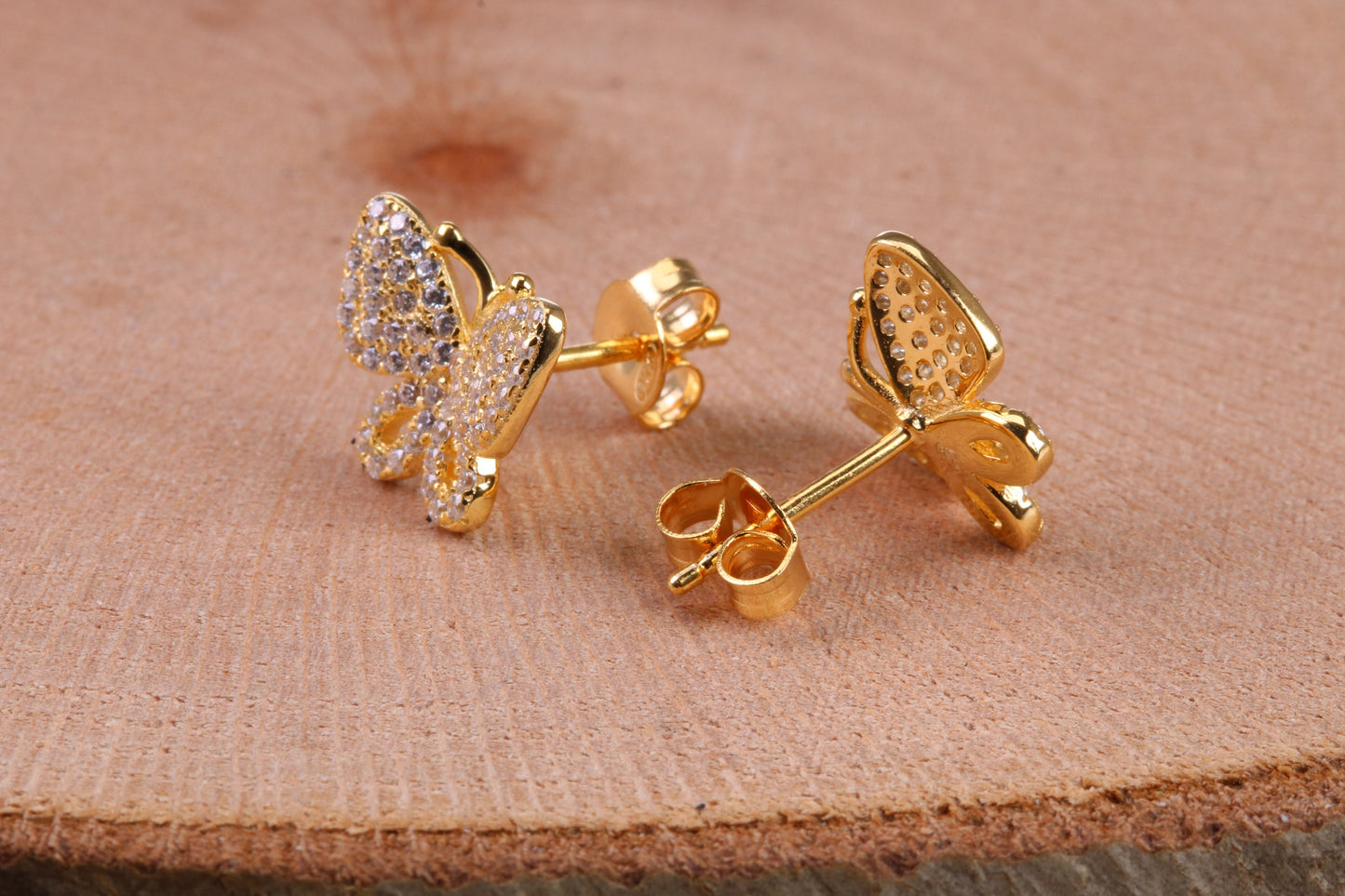 Butterfly Cubic Zirconia set Earrings, Very Dressy, Made from Solid 925 Grade Sterling Silver, Yellow Gold Plated