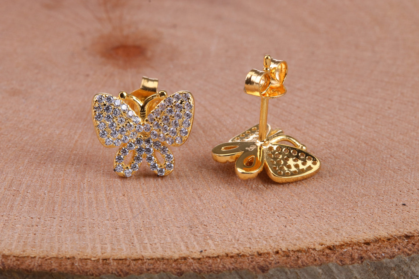 Butterfly Cubic Zirconia set Earrings, Very Dressy, Made from Solid 925 Grade Sterling Silver, Yellow Gold Plated