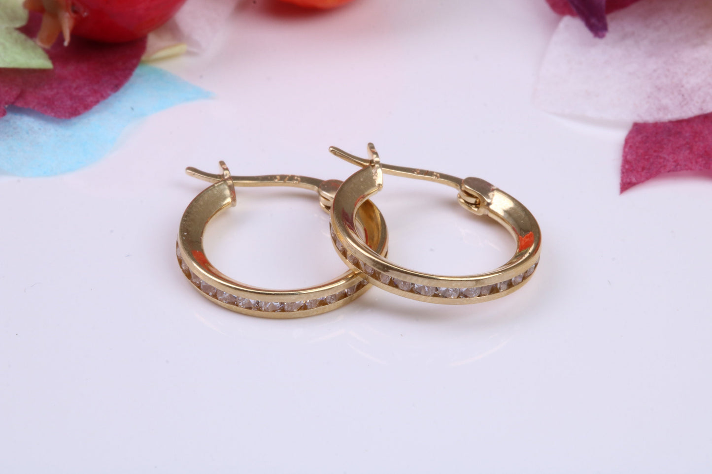 15 mm Round C Z set Hoop Creole Earrings Made from 9ct Yellow Gold, Diamond and Gold Look