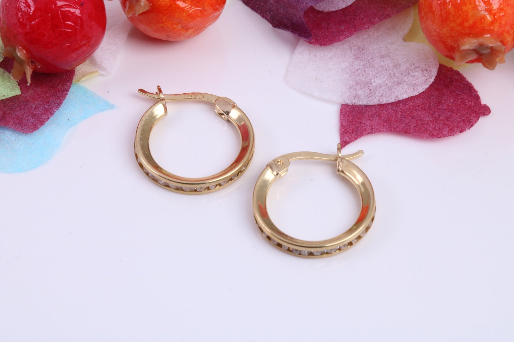 15 mm Round C Z set Hoop Creole Earrings Made from 9ct Yellow Gold, Diamond and Gold Look