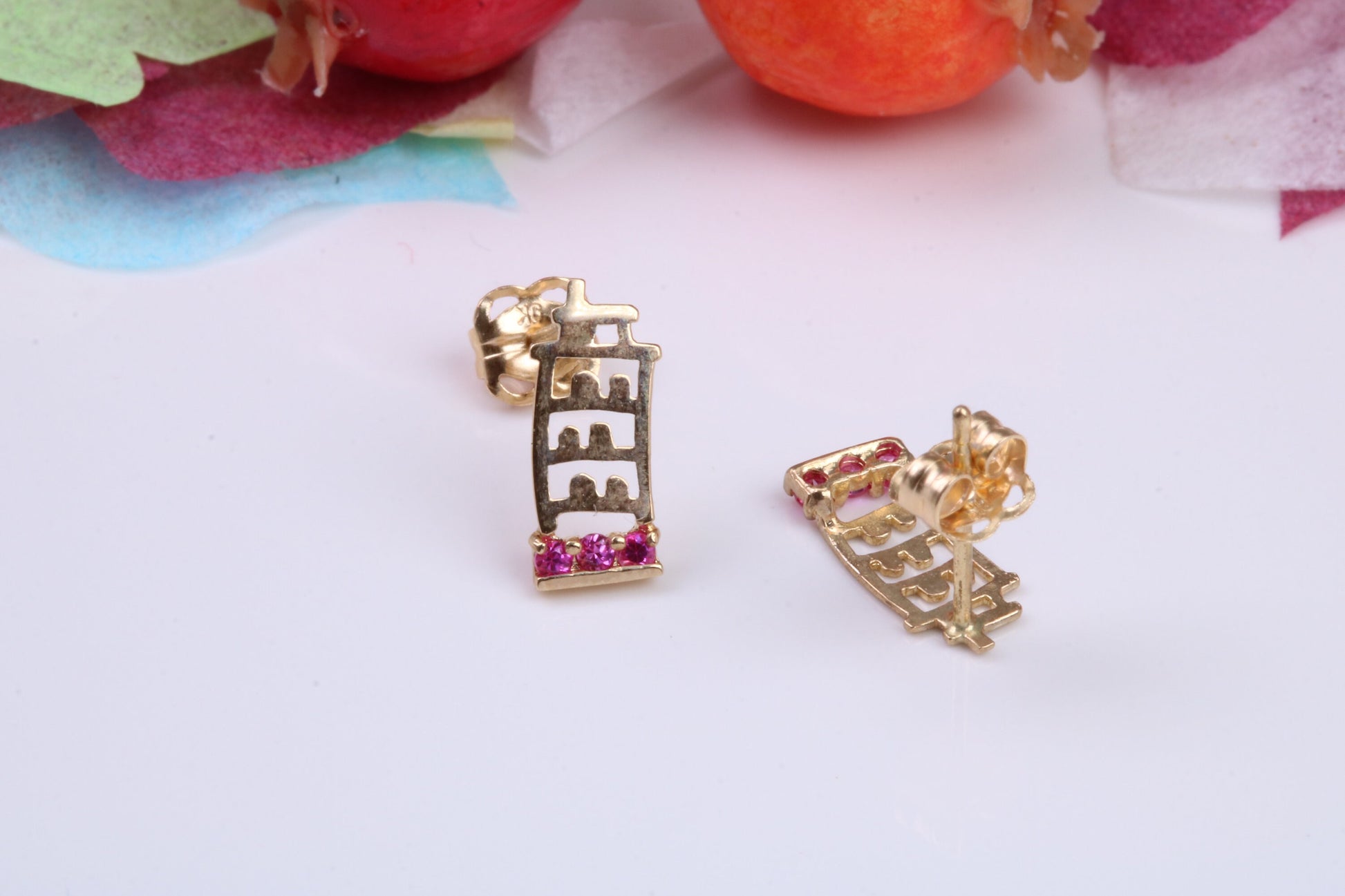 Leaning Tower of Pisa, Red C Z set Stud Earrings Made from 9ct Yellow Gold