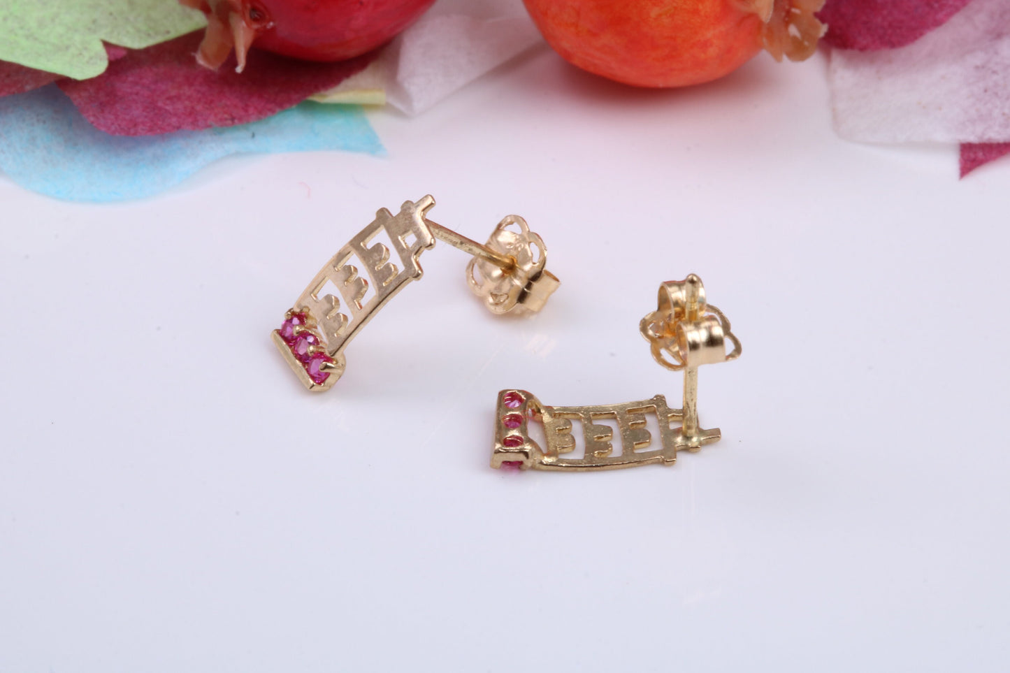 Leaning Tower of Pisa, Red C Z set Stud Earrings Made from 9ct Yellow Gold