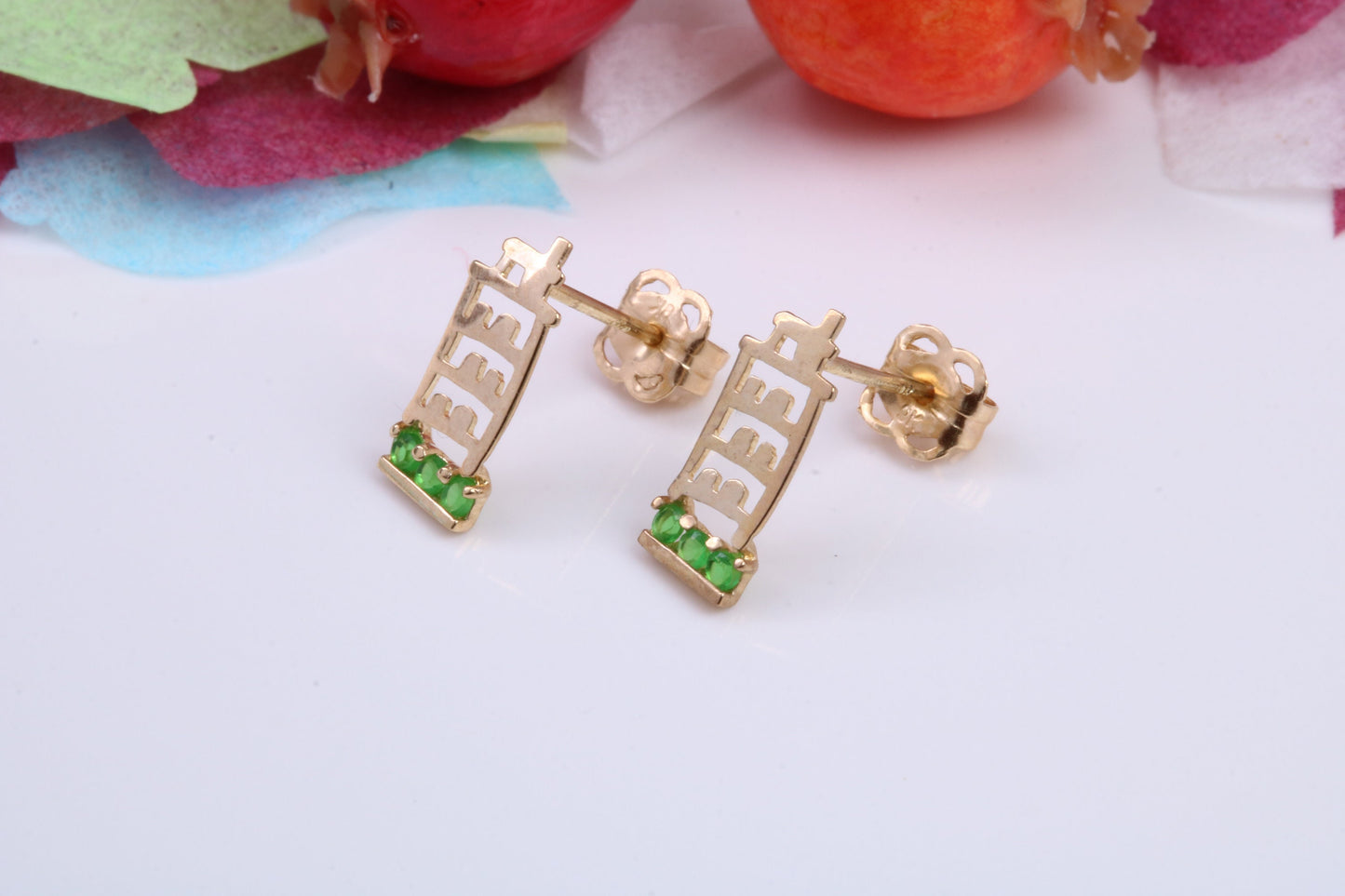 Leaning Tower of Pisa, Green C Z set Stud Earrings Made from 9ct Yellow Gold