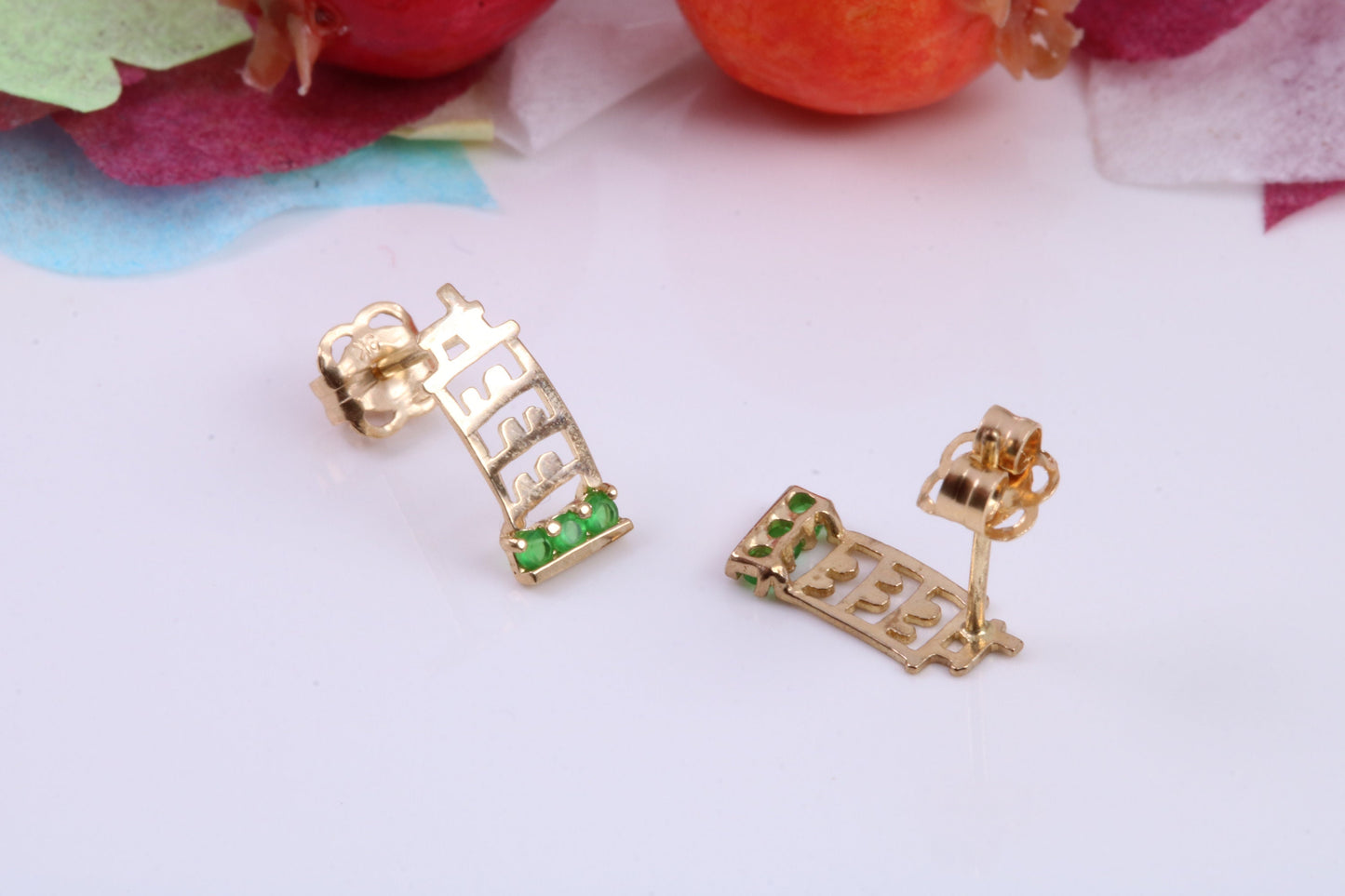 Leaning Tower of Pisa, Green C Z set Stud Earrings Made from 9ct Yellow Gold