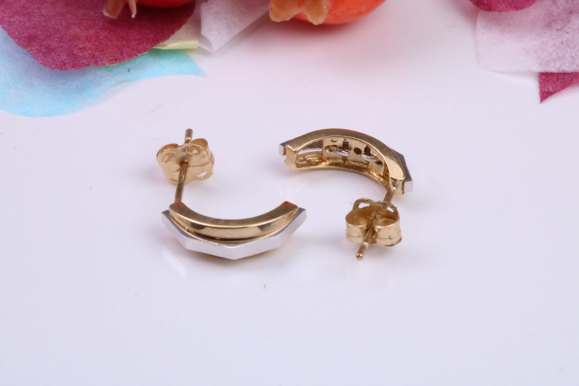 Two Tone Gold Half Hoops Stud Earrings Made from 9ct Yellow Gold