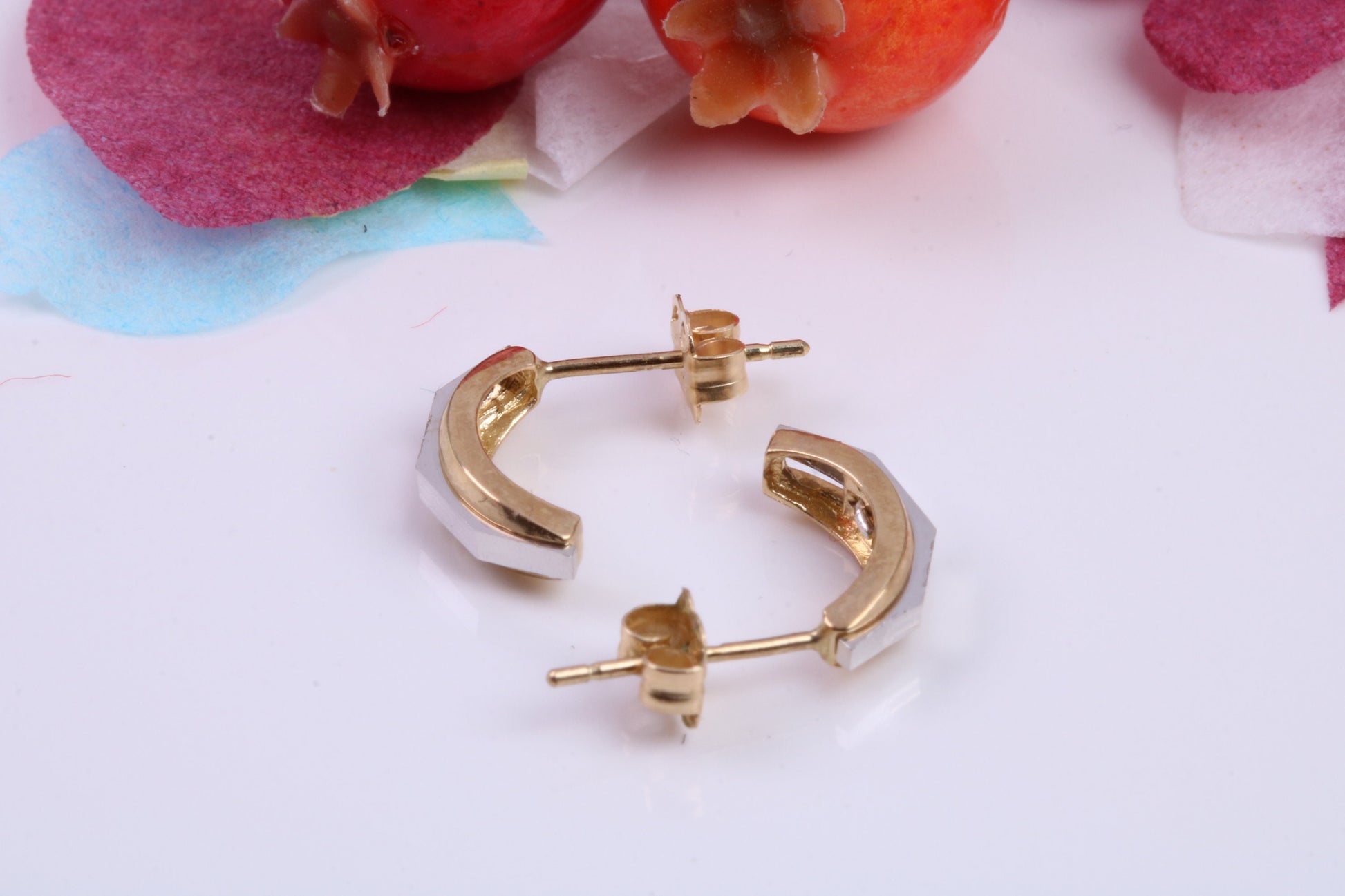 Two Tone Gold Half Hoops Stud Earrings Made from 9ct Yellow Gold