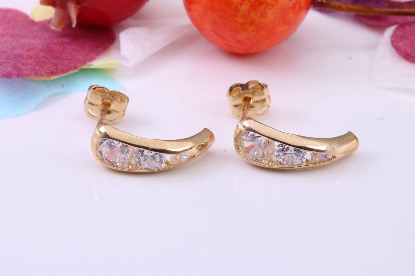 Half Hoops Cubic Zirconia set Stud Earrings Made from 9ct Yellow Gold, Diamond and Gold Look