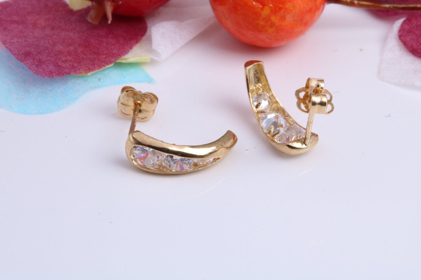 Half Hoops Cubic Zirconia set Stud Earrings Made from 9ct Yellow Gold, Diamond and Gold Look