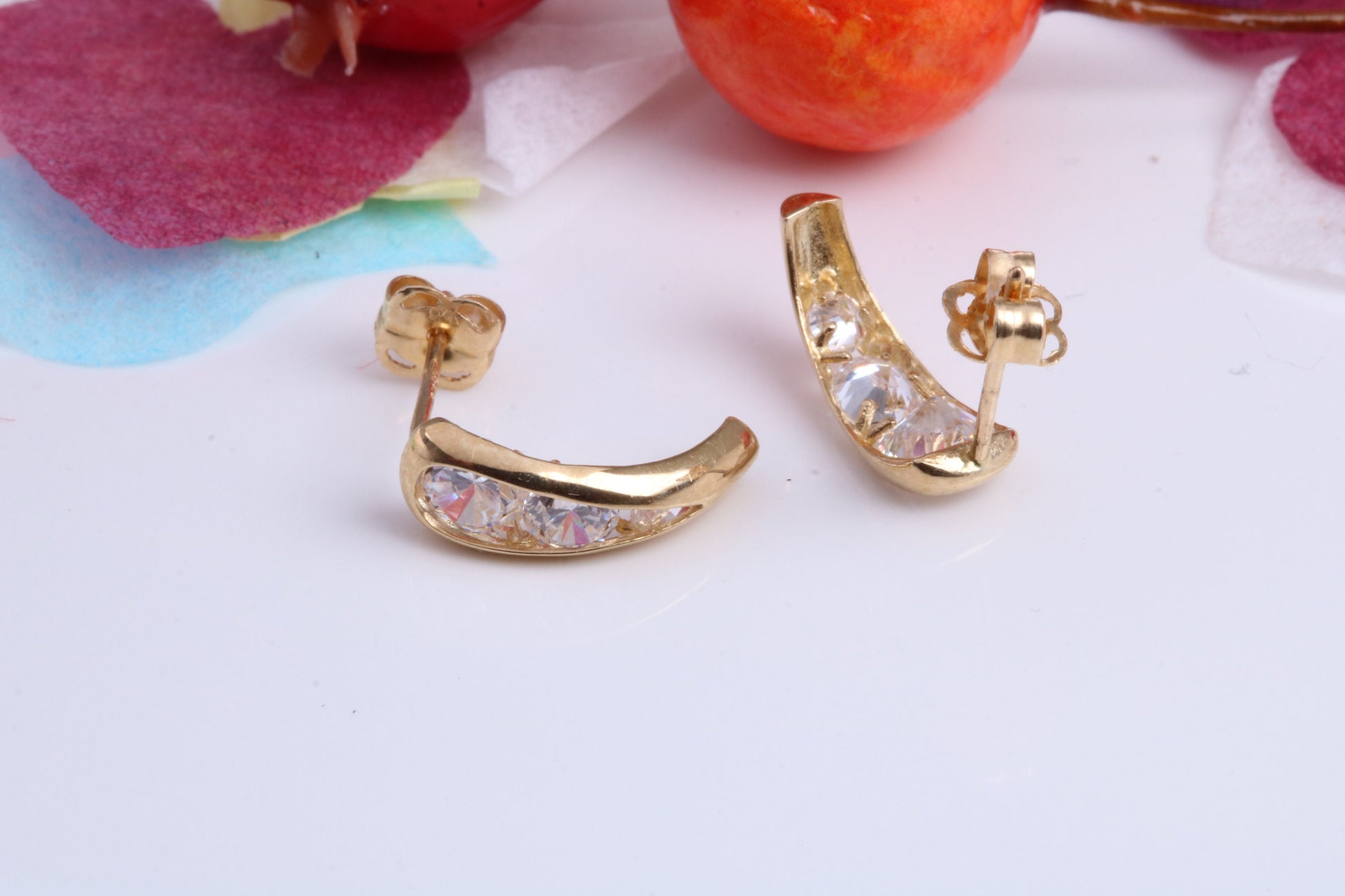 Half Hoops Cubic Zirconia set Stud Earrings Made from 9ct Yellow Gold, Diamond and Gold Look