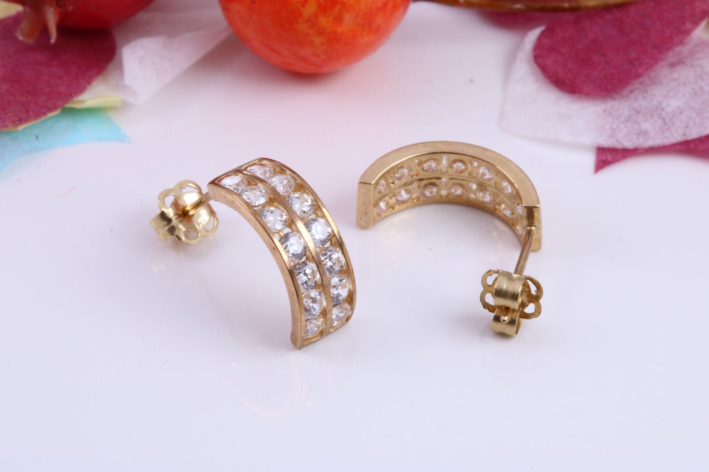 Half Hoops Cubic Zirconia set Stud Earrings Made from 9ct Yellow Gold, Diamond and Gold Look