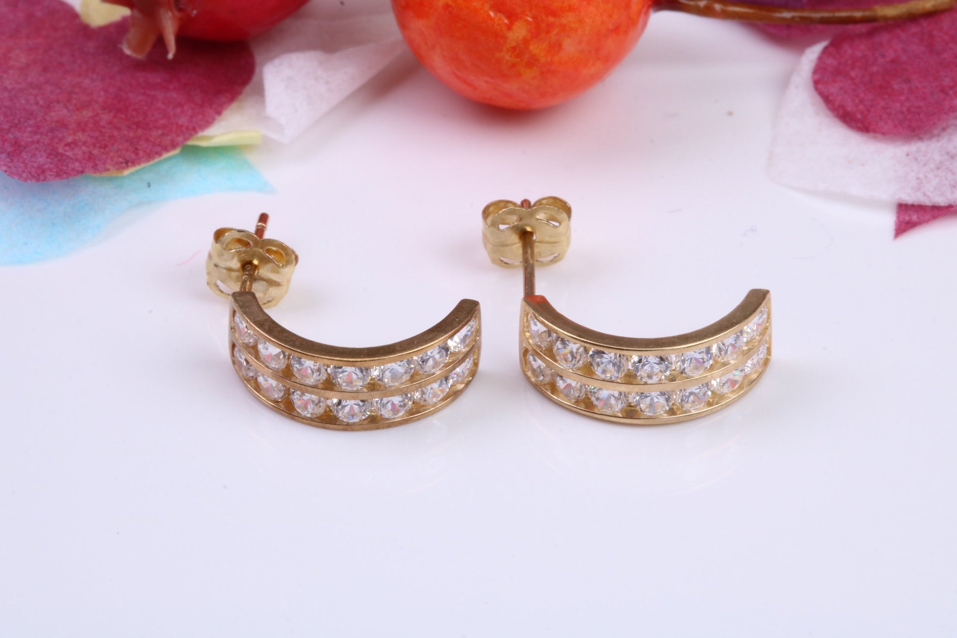 Half Hoops Cubic Zirconia set Stud Earrings Made from 9ct Yellow Gold, Diamond and Gold Look