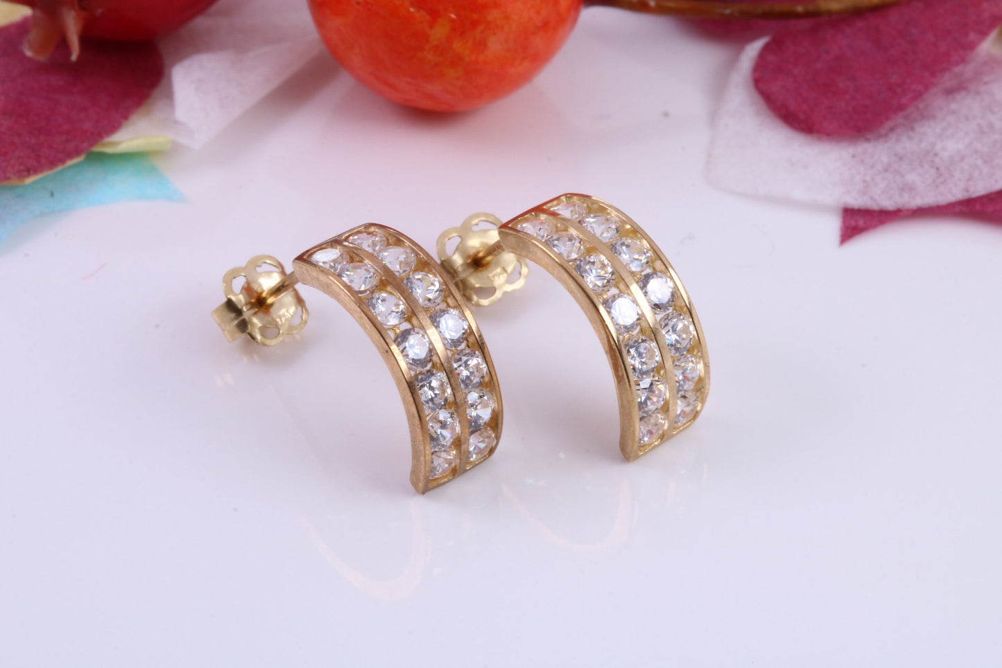 Half Hoops Cubic Zirconia set Stud Earrings Made from 9ct Yellow Gold, Diamond and Gold Look